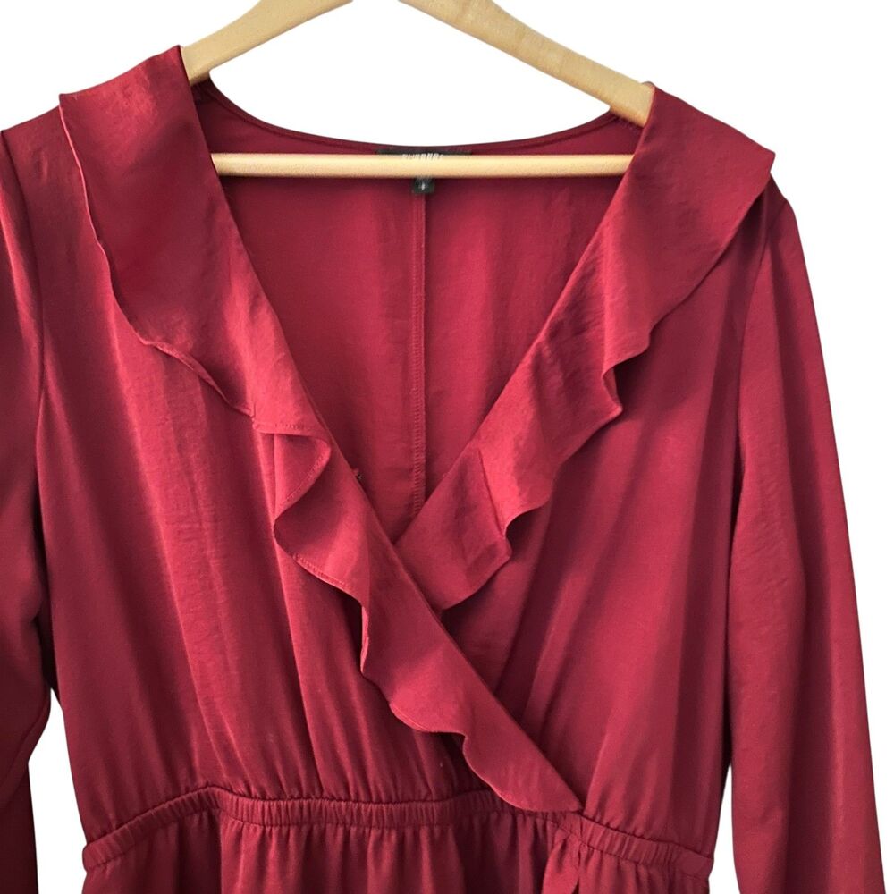 Express Dark Red V-Neck Ruffled Polyester Lightweight Knee Length Dress Size‎ L - Picture 4 of 8